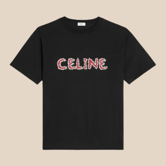Celine Rhinestone Loose T-shirt In Cotton Jersey Black/Red