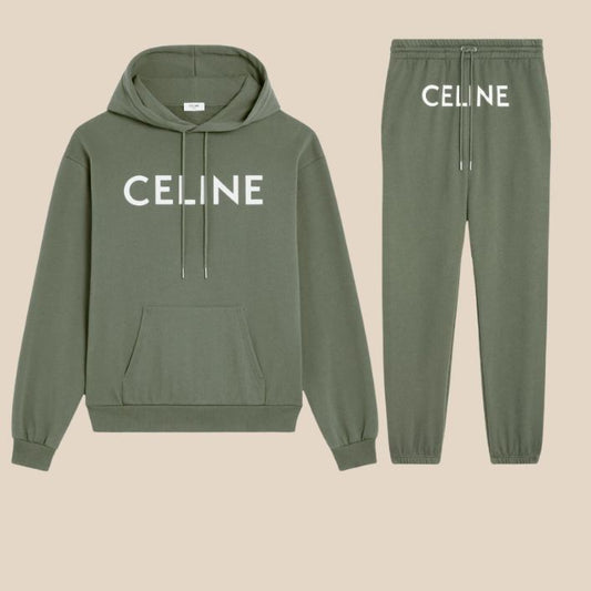 Celine Loose Tracksuit in Cotton Fleece Khaki Off White